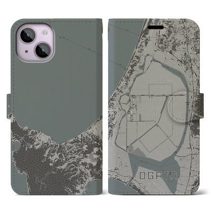【大潟（秋田県）】地図柄iPhoneケース（手帳タイプ）モノトーン・iPhone 14 用