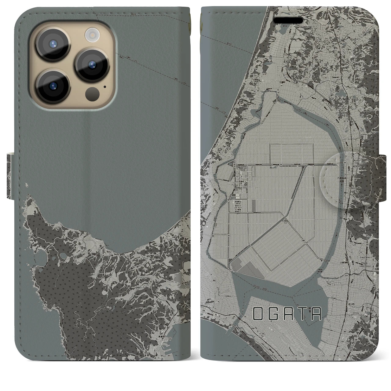 【大潟】地図柄iPhoneケース（手帳両面タイプ・モノトーン）iPhone 14 Pro Max 用