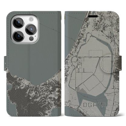【大潟（秋田県）】地図柄iPhoneケース（手帳タイプ）モノトーン・iPhone 14 Pro 用
