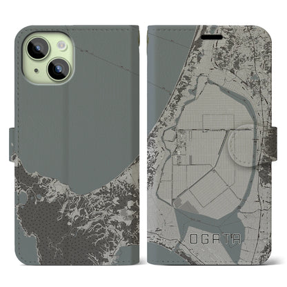 【大潟（秋田県）】地図柄iPhoneケース（手帳タイプ）モノトーン・iPhone 15 用