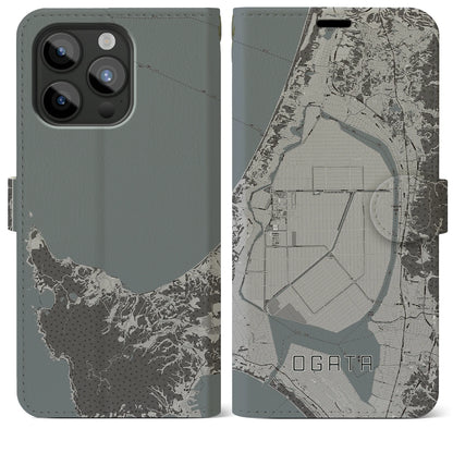 【大潟（秋田県）】地図柄iPhoneケース（手帳タイプ）モノトーン・iPhone 15 Pro Max 用