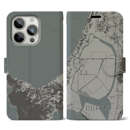 【大潟（秋田県）】地図柄iPhoneケース（手帳タイプ）モノトーン・iPhone 15 Pro 用