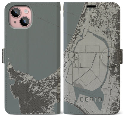 【大潟（秋田県）】地図柄iPhoneケース（手帳タイプ）モノトーン・iPhone 15 Plus 用