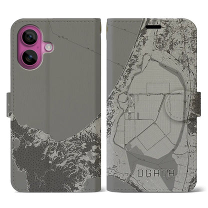 【大潟（秋田県）】地図柄iPhoneケース（手帳タイプ）モノトーン・iPhone 16 Pro 用