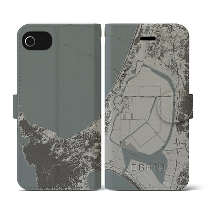 【大潟（秋田県）】地図柄iPhoneケース（手帳タイプ）モノトーン・iPhone SE（第3 / 第2世代） / 8 / 7 / 6s / 6 用