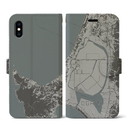 【大潟（秋田県）】地図柄iPhoneケース（手帳タイプ）モノトーン・iPhone XS / X 用