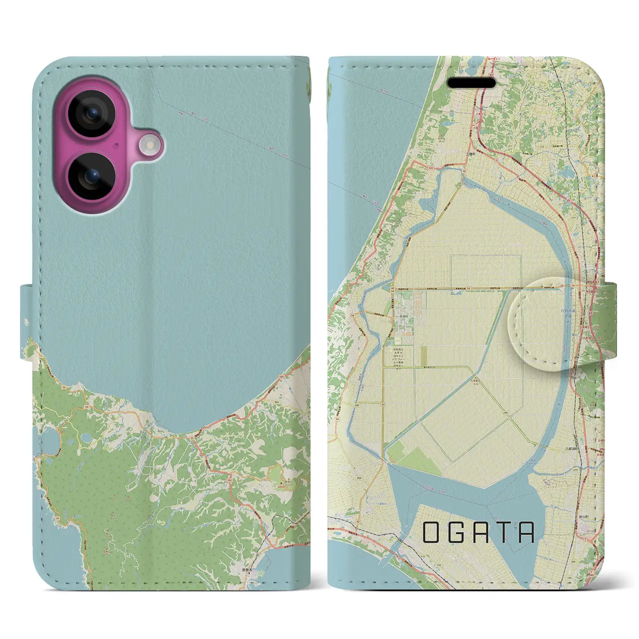 【大潟（秋田県）】地図柄iPhoneケース（手帳タイプ）ナチュラル・iPhone 16 Pro 用