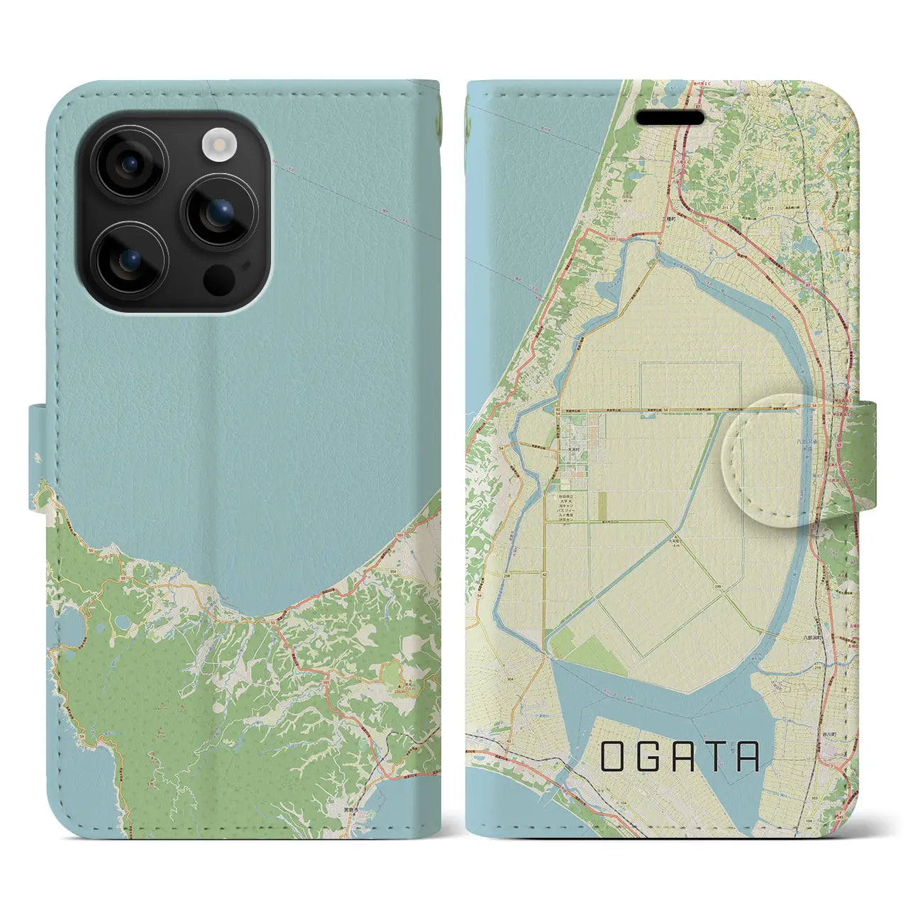 【大潟（秋田県）】地図柄iPhoneケース（手帳タイプ）ナチュラル・iPhone 16 用