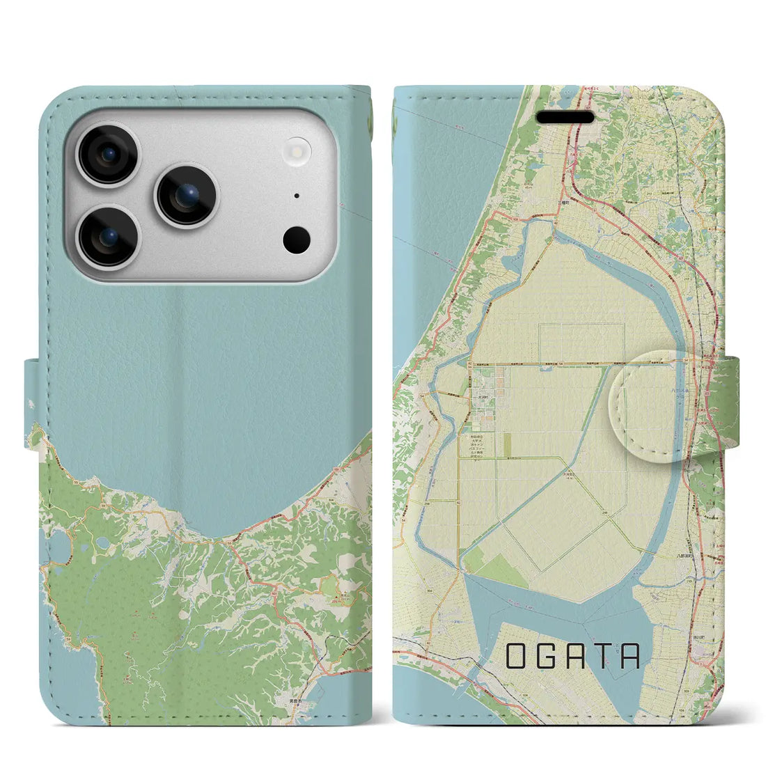 【大潟（秋田県）】地図柄iPhoneケース（手帳タイプ）ナチュラル・iPhone 17 Pro Max 用