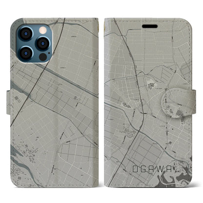 【小川（熊本県）】地図柄iPhoneケース（手帳タイプ）モノトーン・iPhone 12 / 12 Pro 用