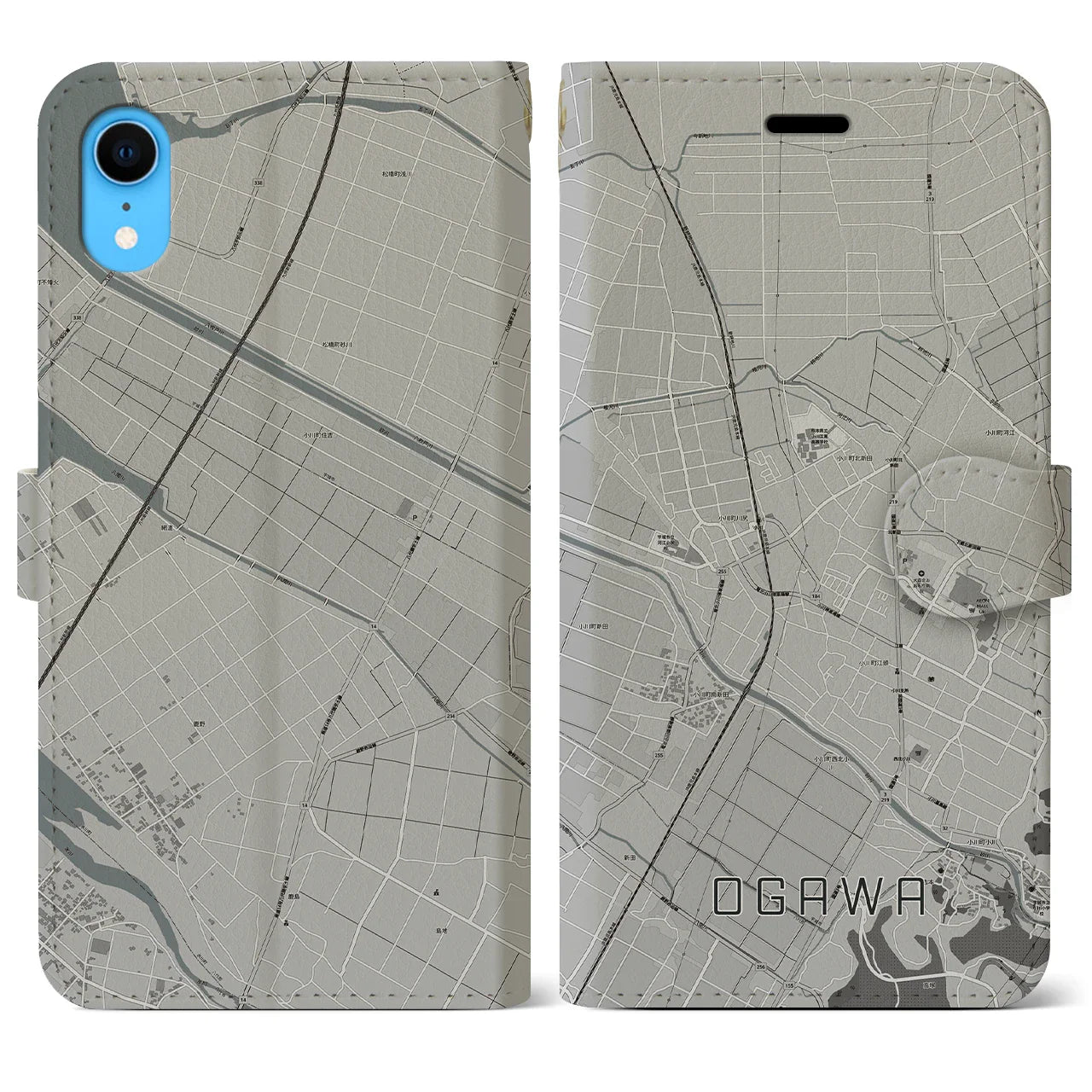【小川（熊本県）】地図柄iPhoneケース（手帳タイプ）モノトーン・iPhone XR 用