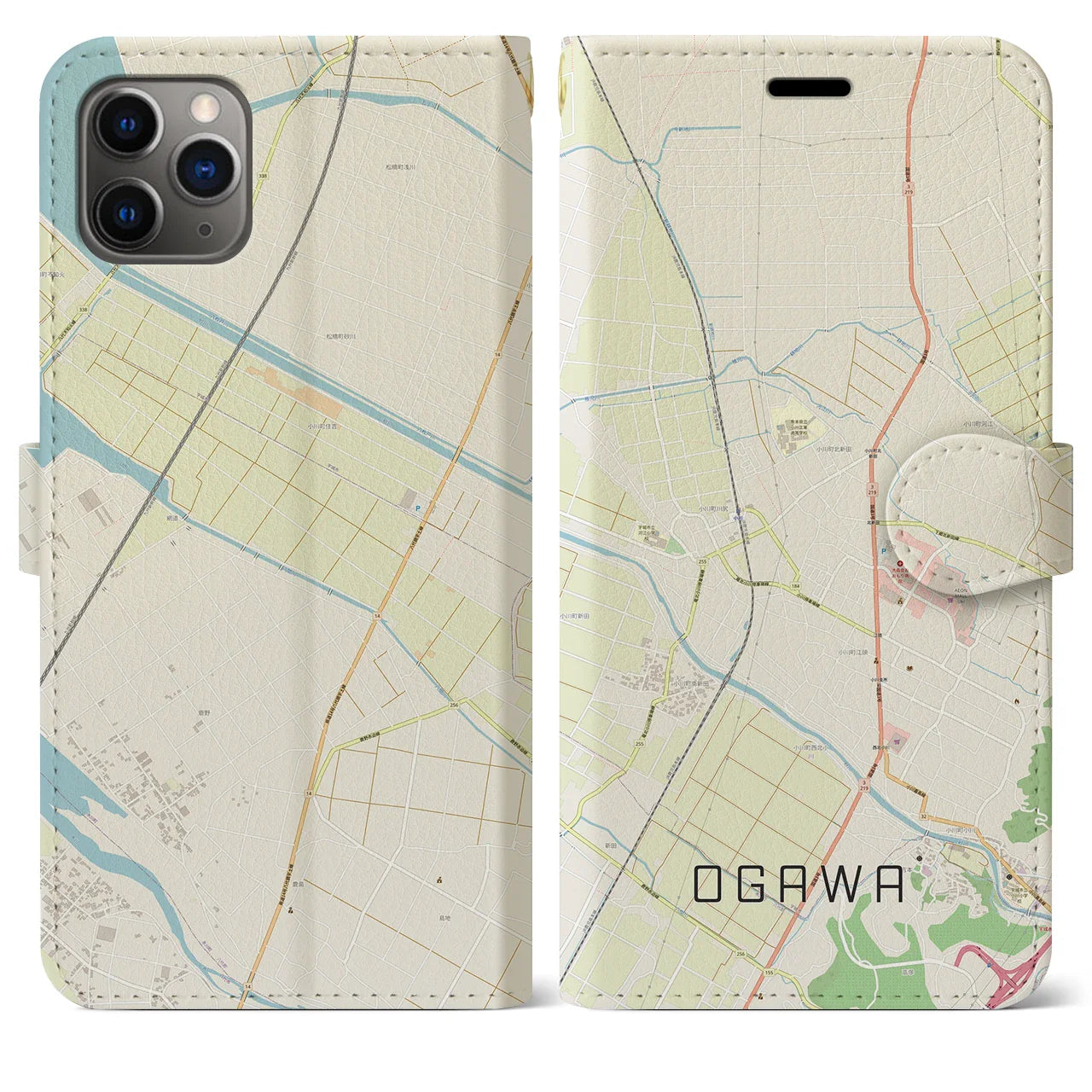 【小川（熊本県）】地図柄iPhoneケース（手帳タイプ）ナチュラル・iPhone 11 Pro Max 用