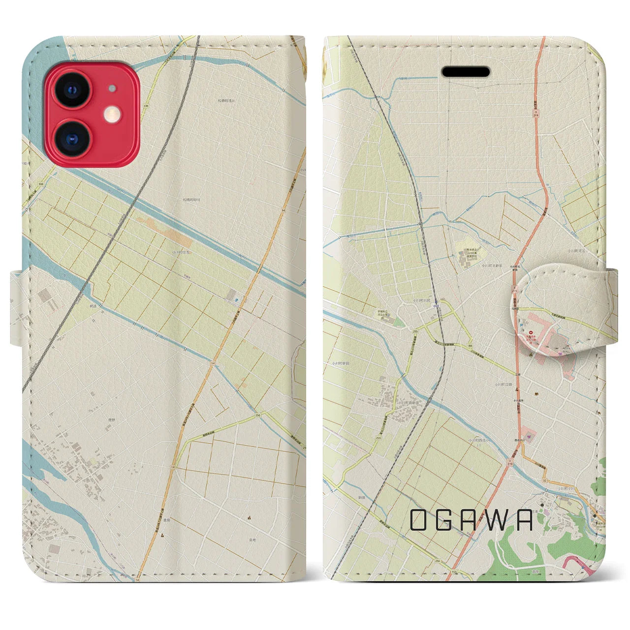 【小川（熊本県）】地図柄iPhoneケース（手帳タイプ）ナチュラル・iPhone 11 用