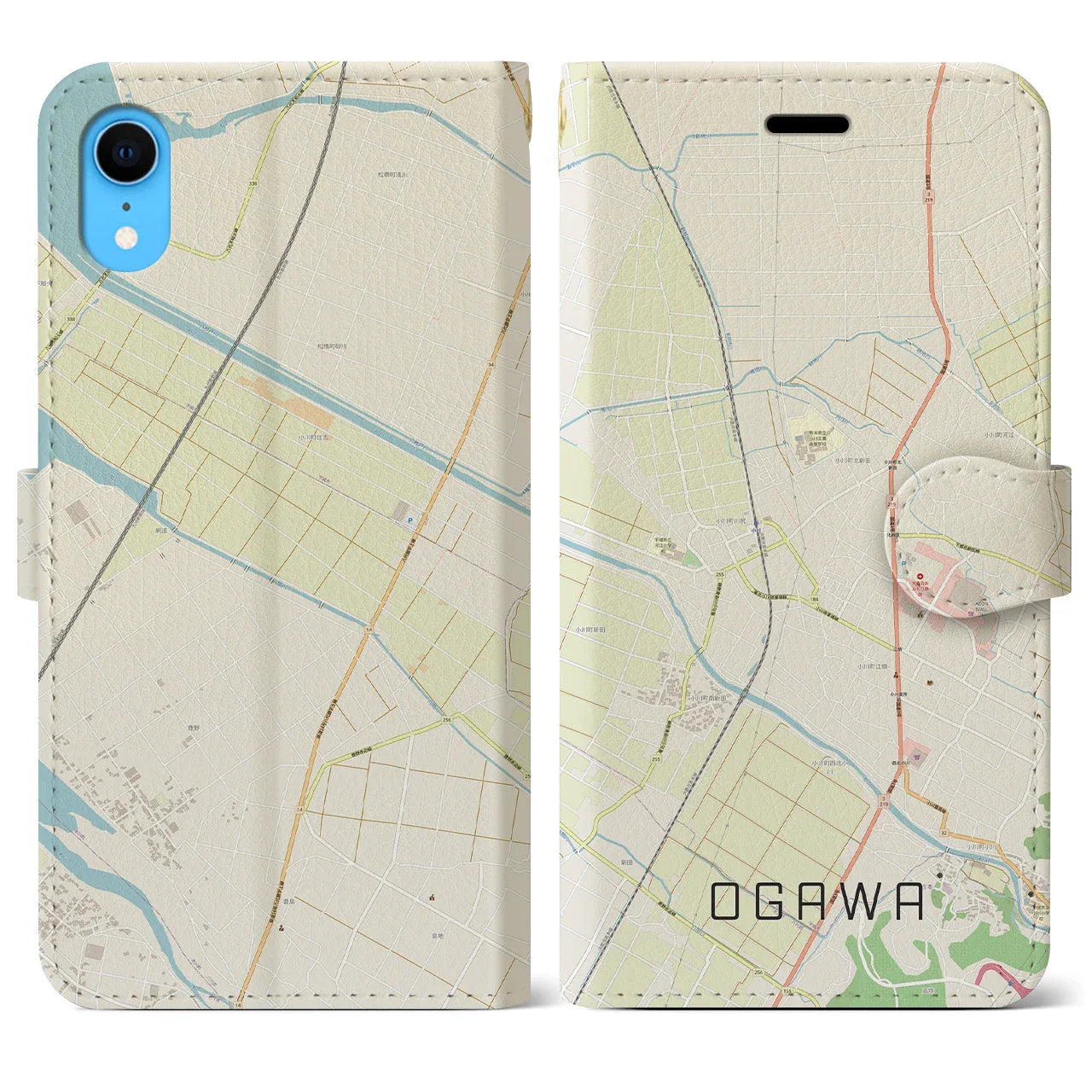 【小川（熊本県）】地図柄iPhoneケース（手帳タイプ）ナチュラル・iPhone XR 用