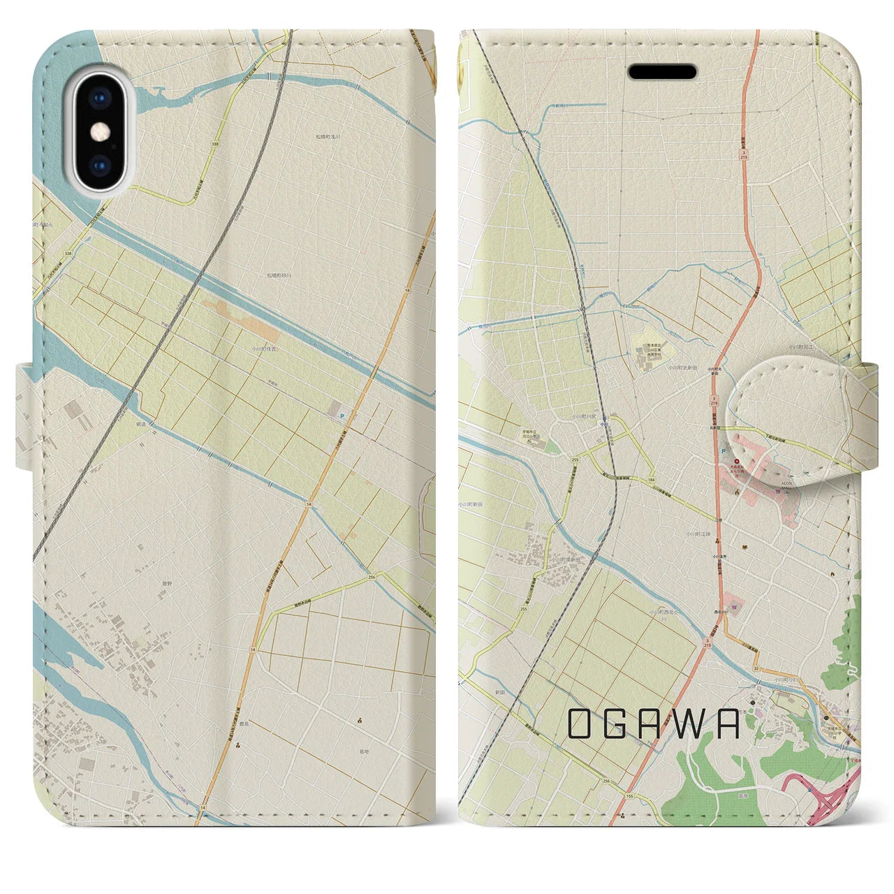 【小川（熊本県）】地図柄iPhoneケース（手帳タイプ）ナチュラル・iPhone XS Max 用