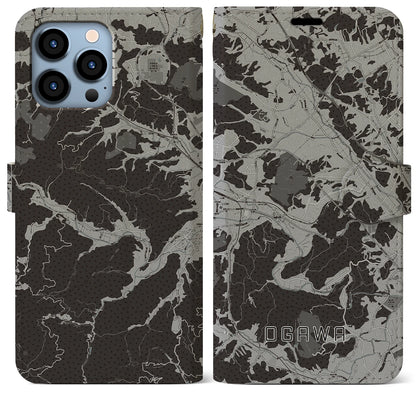 【小川（埼玉県）】地図柄iPhoneケース（手帳タイプ）モノトーン・iPhone 13 Pro Max 用