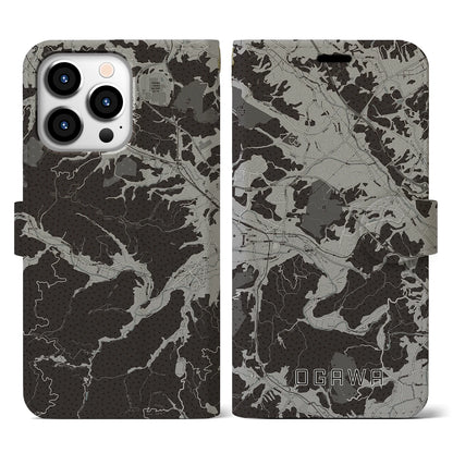 【小川（埼玉県）】地図柄iPhoneケース（手帳タイプ）モノトーン・iPhone 13 Pro 用