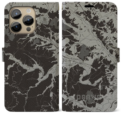 【小川（埼玉県）】地図柄iPhoneケース（手帳タイプ）モノトーン・iPhone 14 Pro Max 用