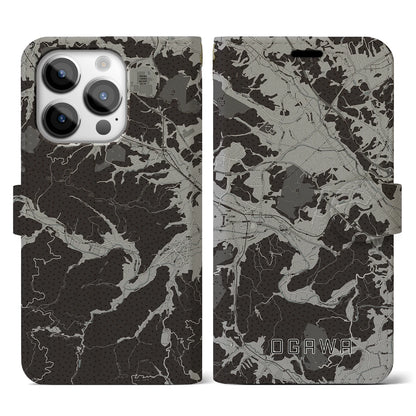 【小川（埼玉県）】地図柄iPhoneケース（手帳タイプ）モノトーン・iPhone 14 Pro 用