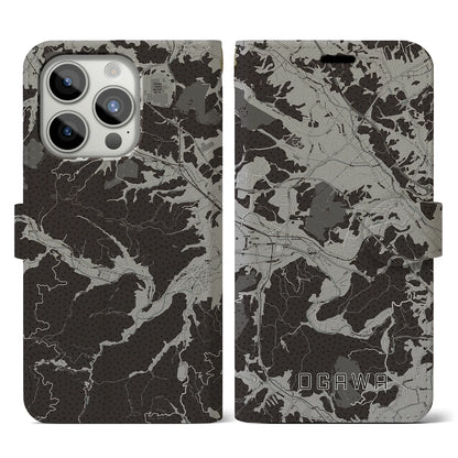 【小川（埼玉県）】地図柄iPhoneケース（手帳タイプ）モノトーン・iPhone 15 Pro 用