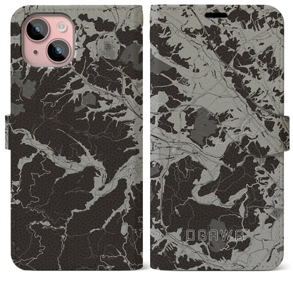 【小川（埼玉県）】地図柄iPhoneケース（手帳タイプ）モノトーン・iPhone 15 Plus 用