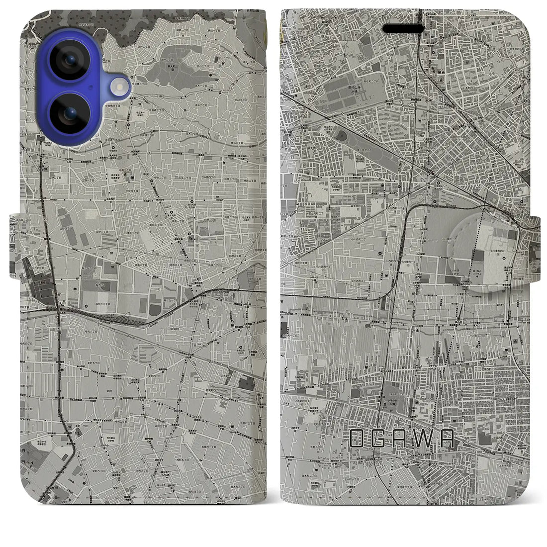 【小川(東京都)】地図柄iPhoneケース(手帳タイプ)モノトーン・iPhone 16 Pro Max 用