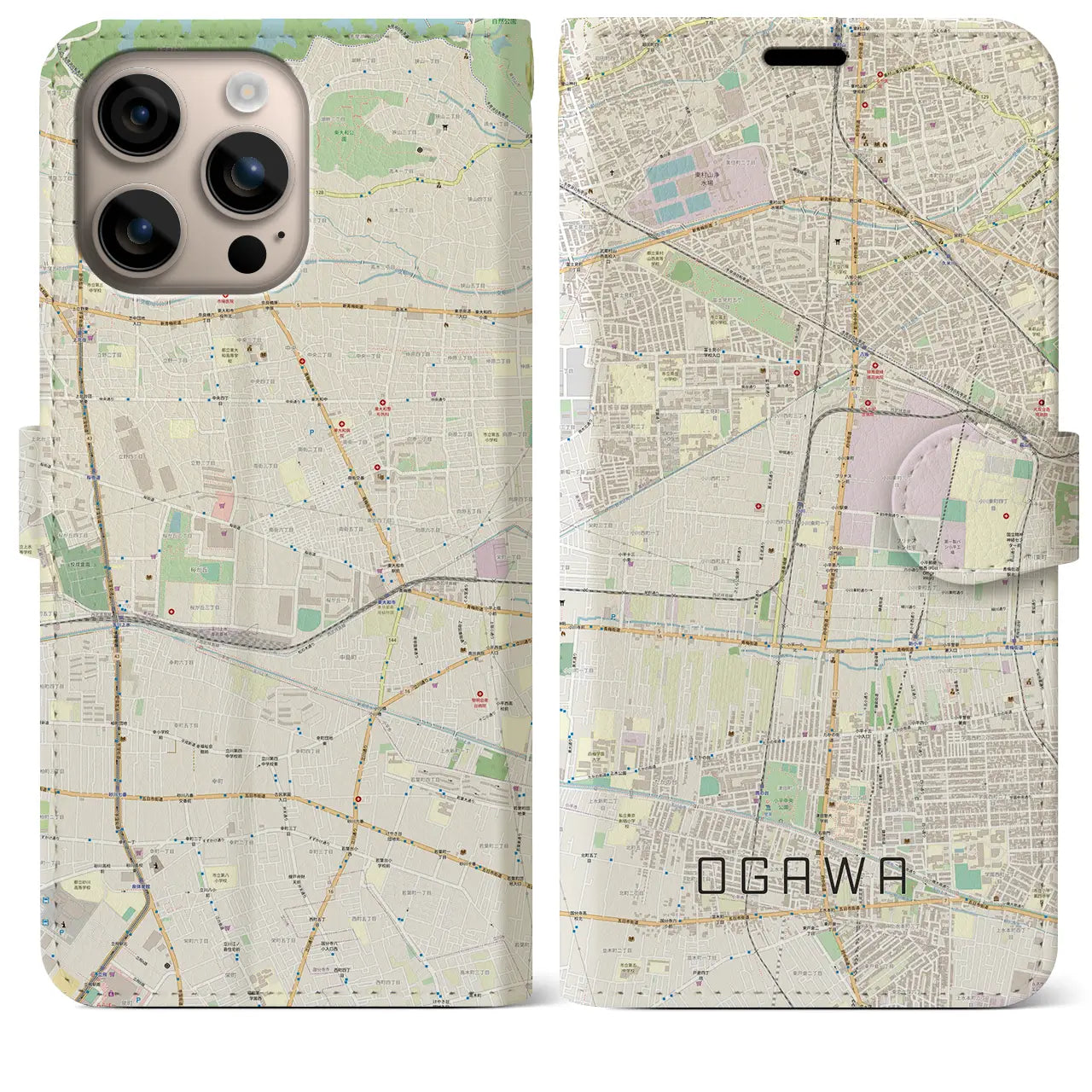 【小川（東京都）】地図柄iPhoneケース（手帳タイプ）ナチュラル・iPhone 16 Plus 用