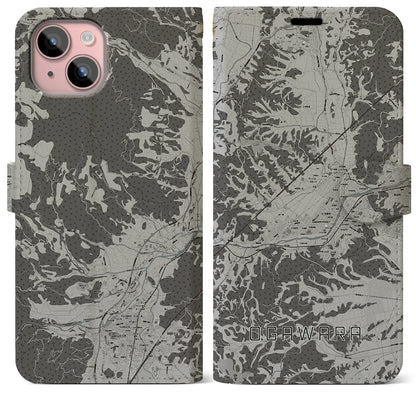 【大河原（宮城県）】地図柄iPhoneケース（手帳タイプ）モノトーン・iPhone 15 Plus 用