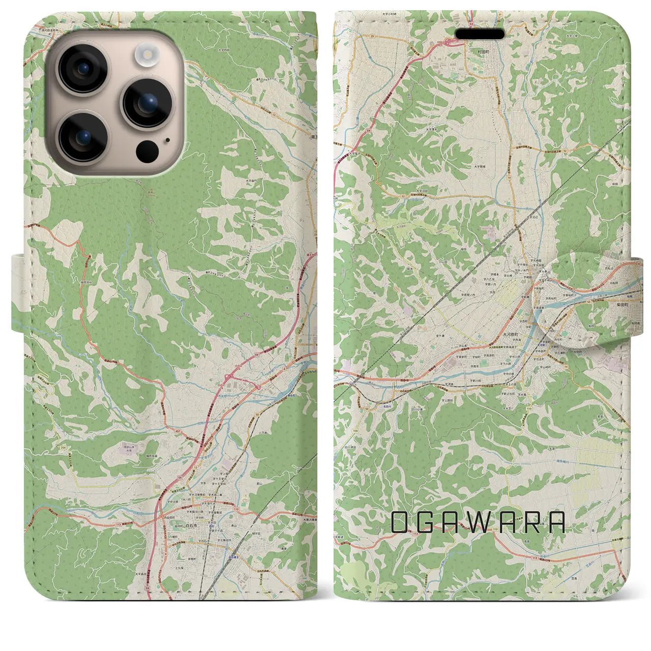 【大河原（宮城県）】地図柄iPhoneケース（手帳タイプ）ナチュラル・iPhone 16 Plus 用