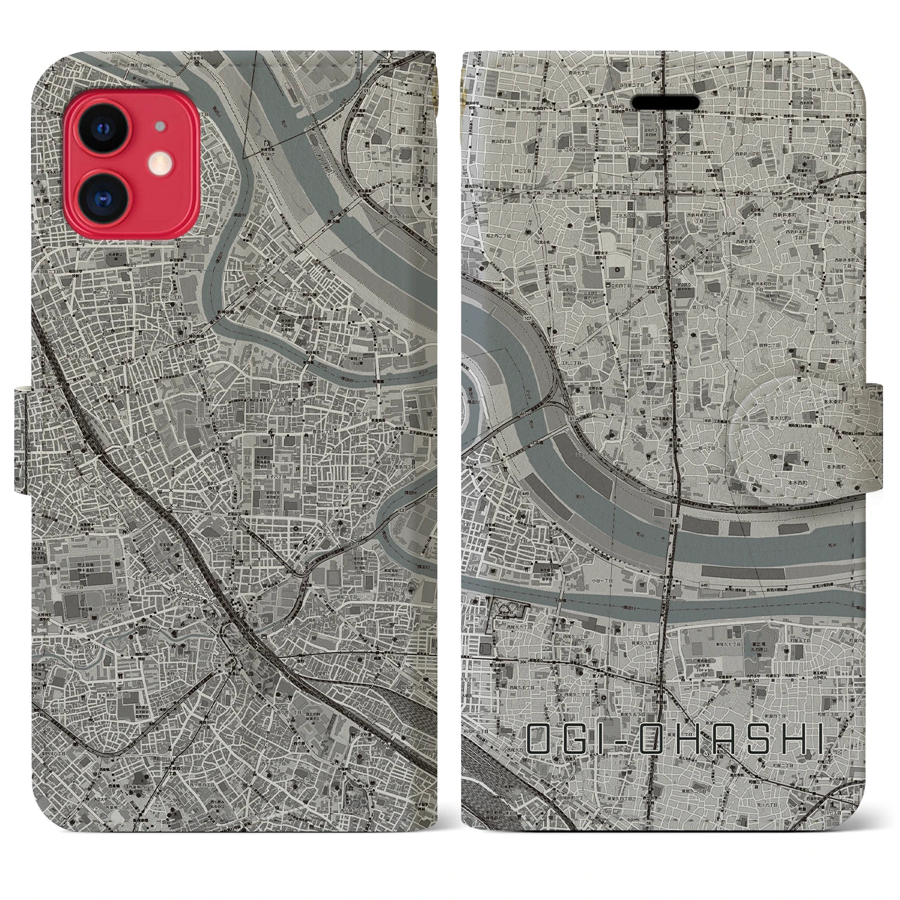 【扇大橋】地図柄iPhoneケース（手帳両面タイプ・モノトーン）iPhone 11 用