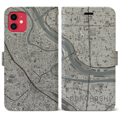 【扇大橋（東京都）】地図柄iPhoneケース（手帳タイプ）モノトーン・iPhone 11 用