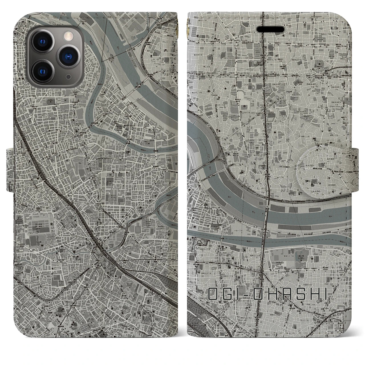 【扇大橋】地図柄iPhoneケース（手帳両面タイプ・モノトーン）iPhone 11 Pro Max 用