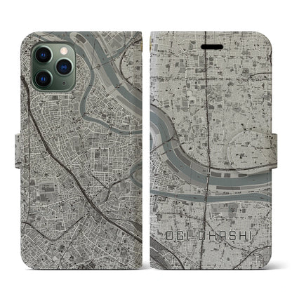 【扇大橋（東京都）】地図柄iPhoneケース（手帳タイプ）モノトーン・iPhone 11 Pro 用