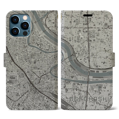 【扇大橋（東京都）】地図柄iPhoneケース（手帳タイプ）モノトーン・iPhone 12 / 12 Pro 用