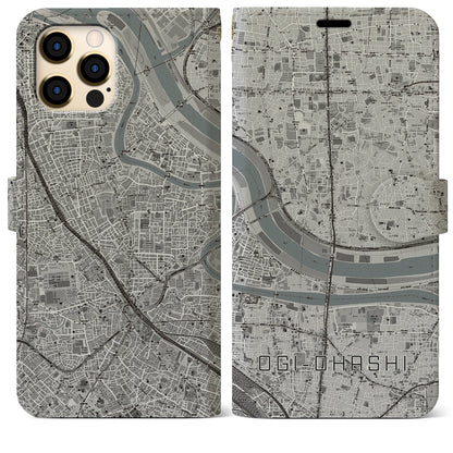 【扇大橋（東京都）】地図柄iPhoneケース（手帳タイプ）モノトーン・iPhone 12 Pro Max 用