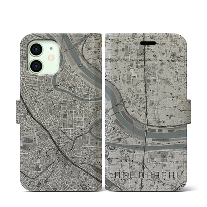 【扇大橋（東京都）】地図柄iPhoneケース（手帳タイプ）モノトーン・iPhone 12 mini 用