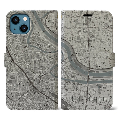 【扇大橋（東京都）】地図柄iPhoneケース（手帳タイプ）モノトーン・iPhone 13 用