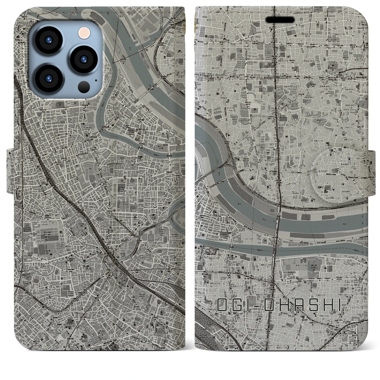 【扇大橋】地図柄iPhoneケース（手帳両面タイプ・モノトーン）iPhone 13 Pro Max 用
