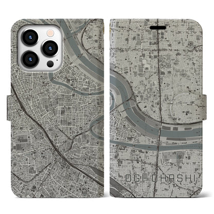 【扇大橋（東京都）】地図柄iPhoneケース（手帳タイプ）モノトーン・iPhone 13 Pro 用