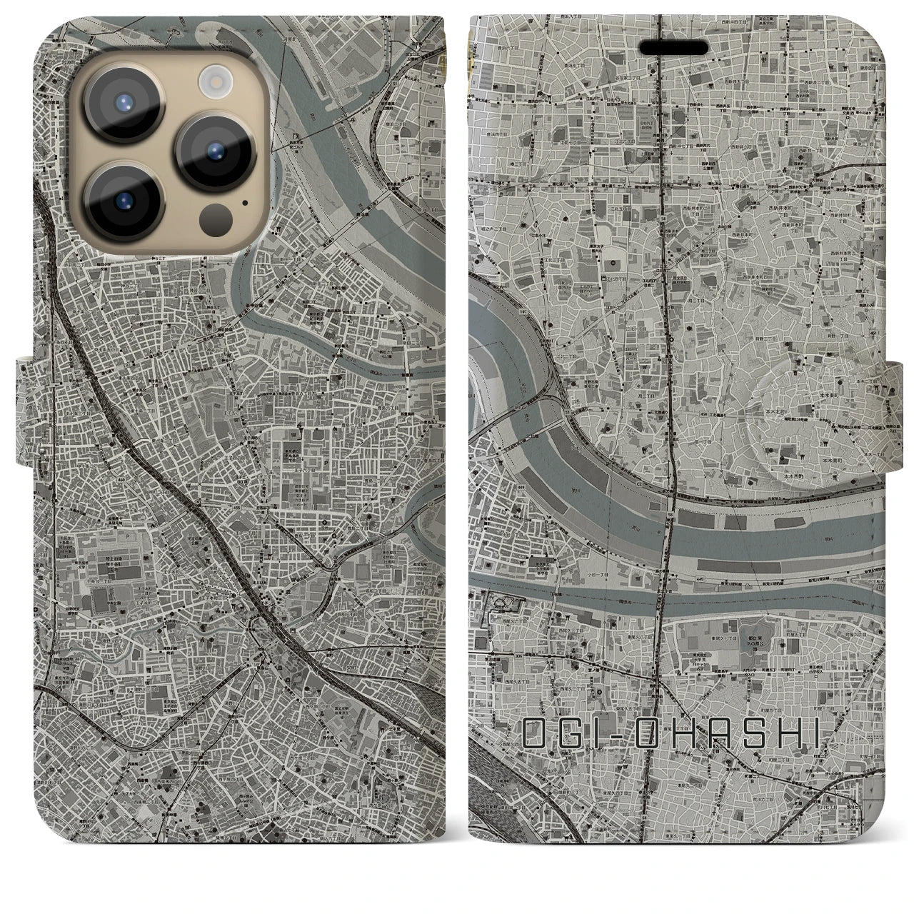 【扇大橋】地図柄iPhoneケース（手帳両面タイプ・モノトーン）iPhone 14 Pro Max 用