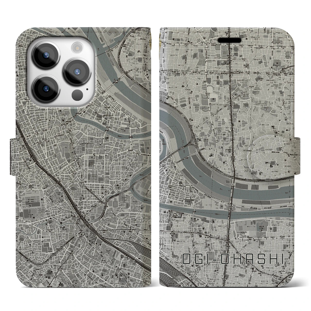 【扇大橋】地図柄iPhoneケース（手帳両面タイプ・モノトーン）iPhone 14 Pro 用