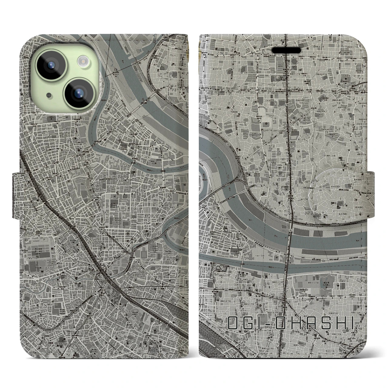 【扇大橋】地図柄iPhoneケース（手帳両面タイプ・モノトーン）iPhone 15 用
