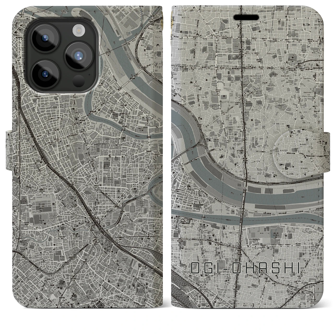 【扇大橋】地図柄iPhoneケース（手帳両面タイプ・モノトーン）iPhone 15 Pro Max 用
