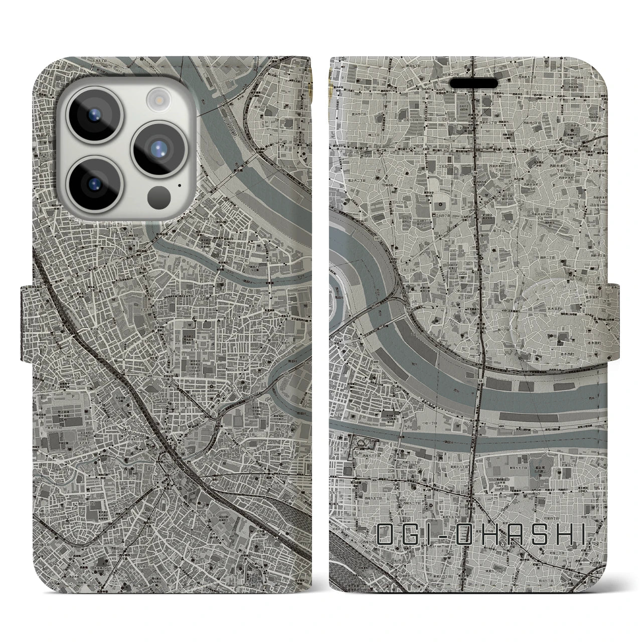 【扇大橋】地図柄iPhoneケース（手帳両面タイプ・モノトーン）iPhone 15 Pro 用