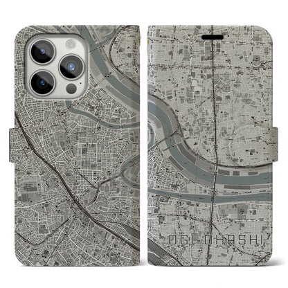 【扇大橋（東京都）】地図柄iPhoneケース（手帳タイプ）モノトーン・iPhone 15 Pro 用