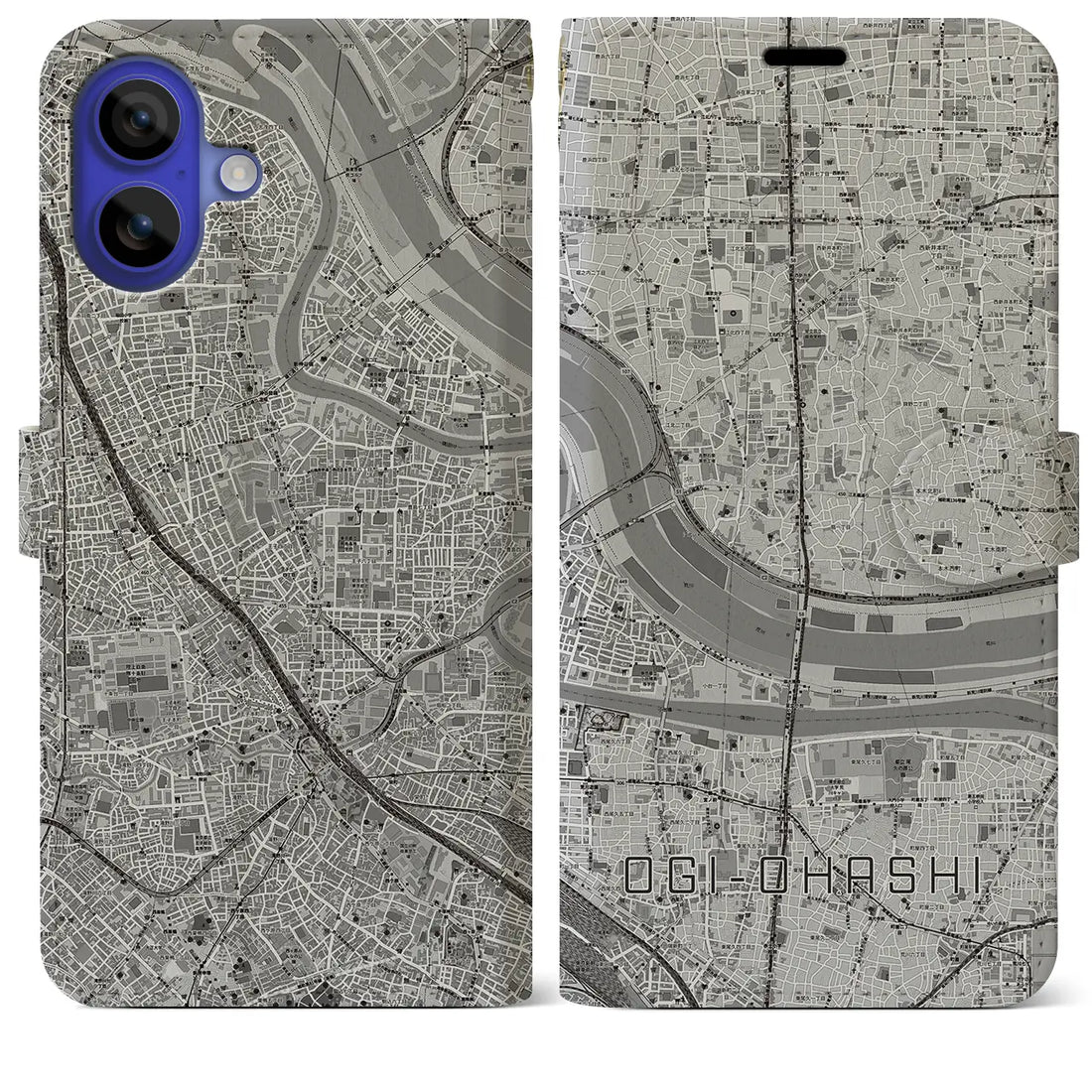 【扇大橋(東京都)】地図柄iPhoneケース(手帳タイプ)モノトーン・iPhone 16 Pro Max 用