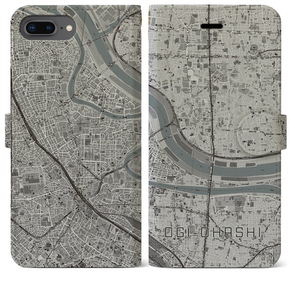 【扇大橋（東京都）】地図柄iPhoneケース（手帳タイプ）モノトーン・iPhone 8Plus /7Plus / 6sPlus / 6Plus 用