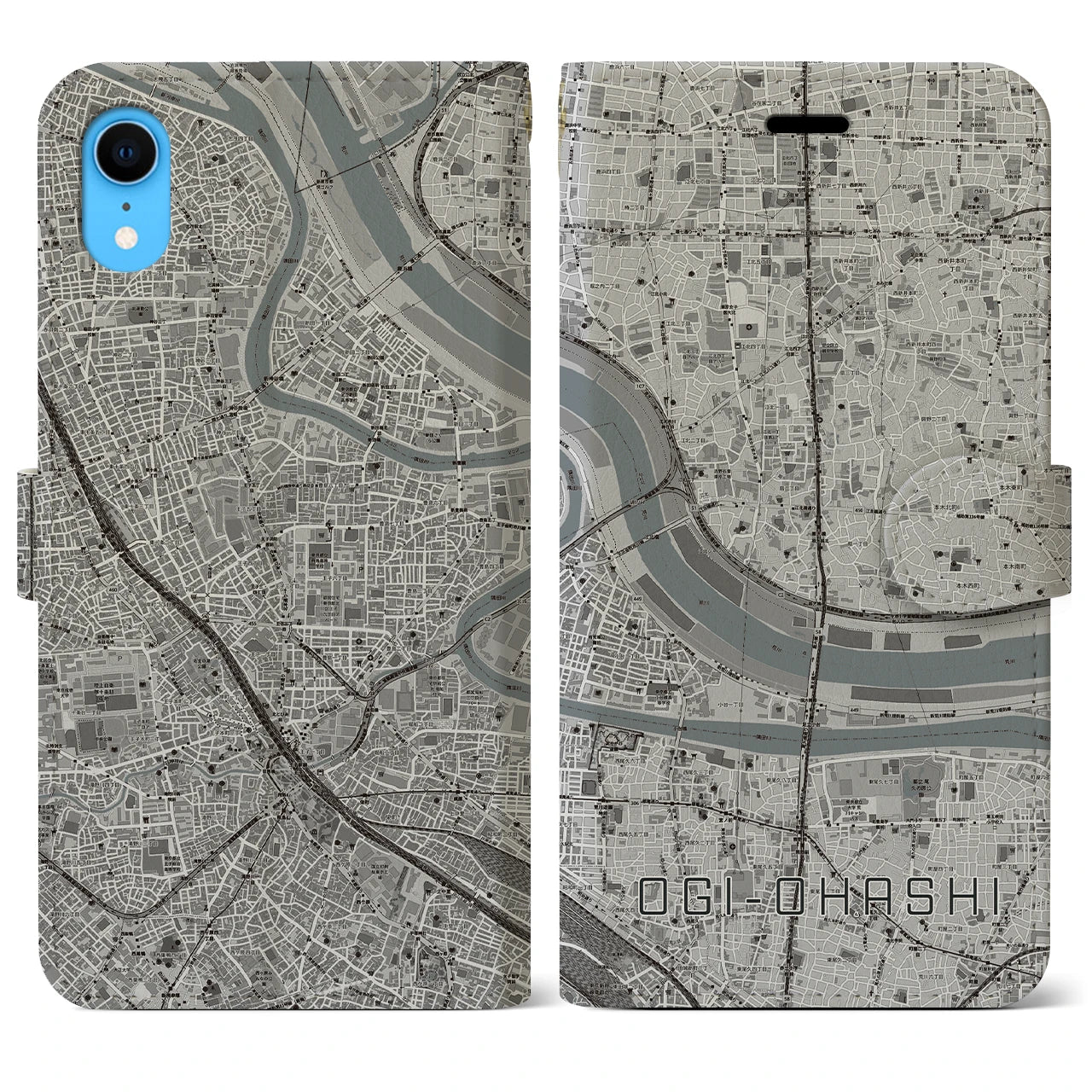 【扇大橋】地図柄iPhoneケース（手帳両面タイプ・モノトーン）iPhone XR 用