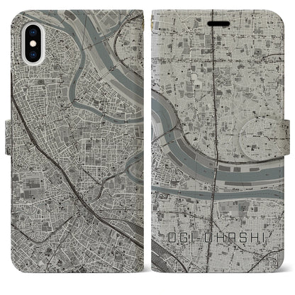 【扇大橋（東京都）】地図柄iPhoneケース（手帳タイプ）モノトーン・iPhone XS Max 用