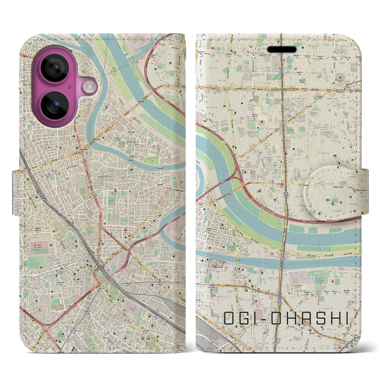 【扇大橋（東京都）】地図柄iPhoneケース（手帳タイプ）ナチュラル・iPhone 16 Pro 用